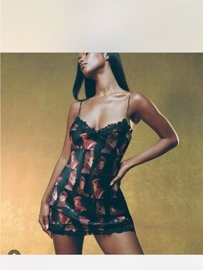 Realization Par Bowie Photo-Print Satin Slip Dress with Lace Trim